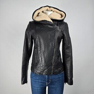 Le Chateau Black Vegan Leather Hooded Zip Up Jacket Size M